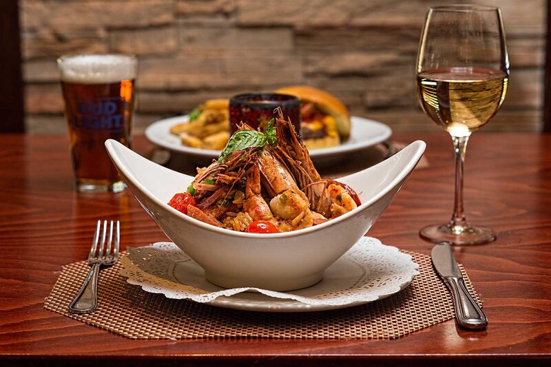 SBG Teriyaki Jasmine Bowl with shrimp and a glass of white wine